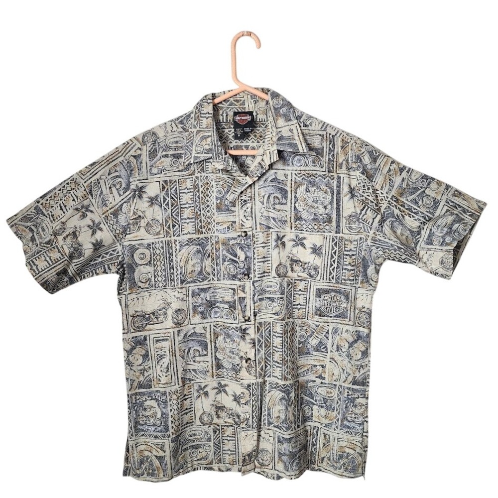 HARLEY DAVIDSON Graphic Made in Hawaii Hawaiian Shirt Beige Blue‎ Men's M